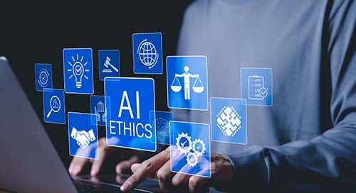 Person working on laptop with AI icons.