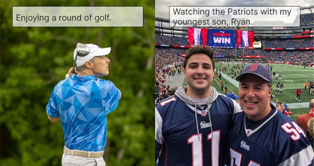 Gary Michelson playing golf and enjoying a Patriots game with his son.
