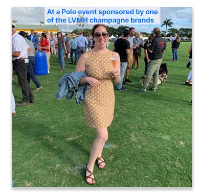 Erica Krauss at a Polo event sponsored by one of the LVMH champagne brands.