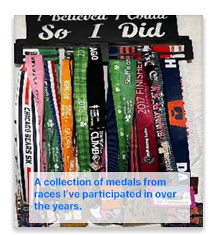A collection of RaMeka Johnson's medals from races she's participated in over the years.