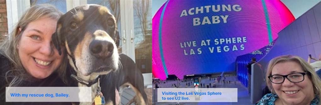 Leslie Guarnieri with her dog and at the Las Vegas Sphere.