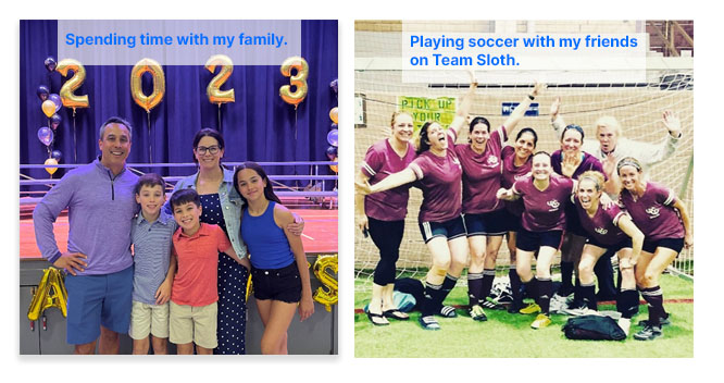 Nicole Divinagracia with her family and playing soccer with Team Sloth.